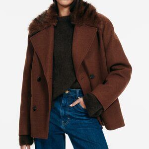 H&M Brown Pea Coat with Fluffy Collar/NWT/S